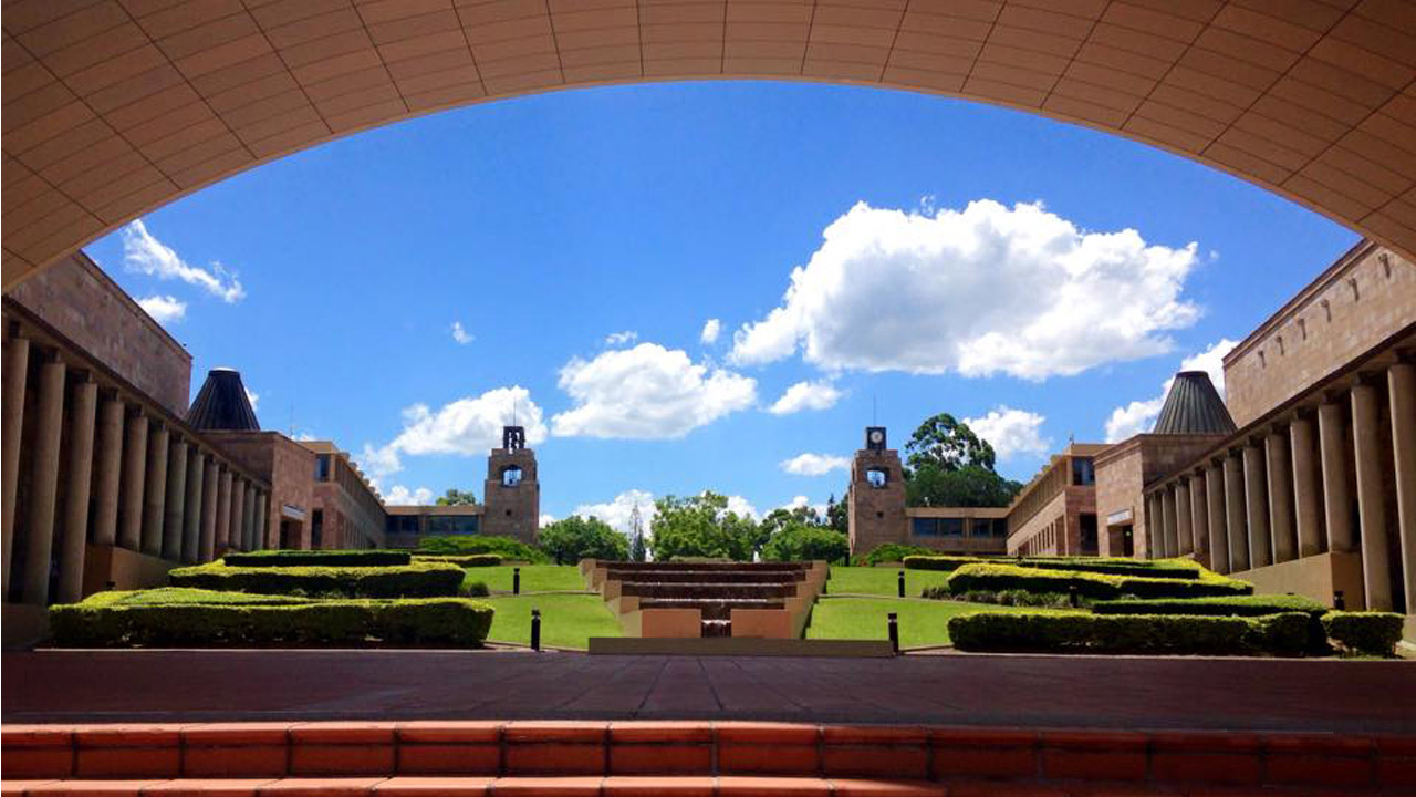 From the center of Bond's campus looking at surrounding buildings and greenery