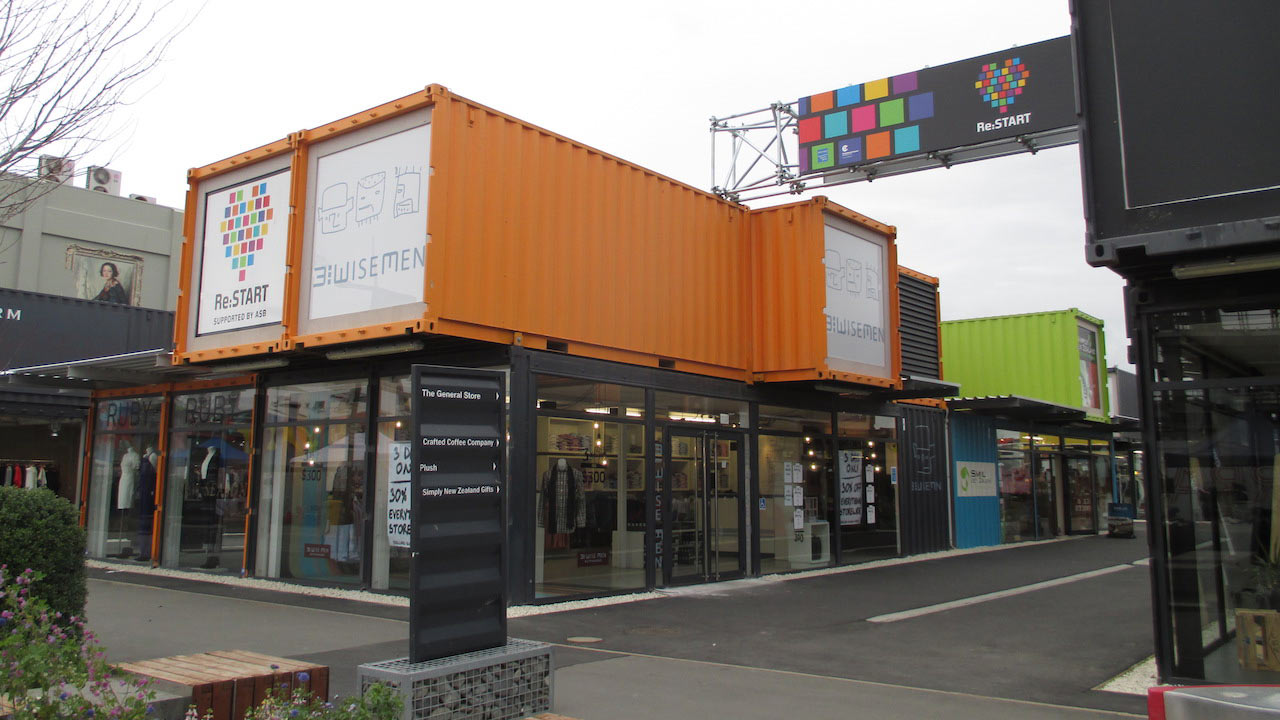 A funky mall built out of shipping containers in Christchurch, New Zealand