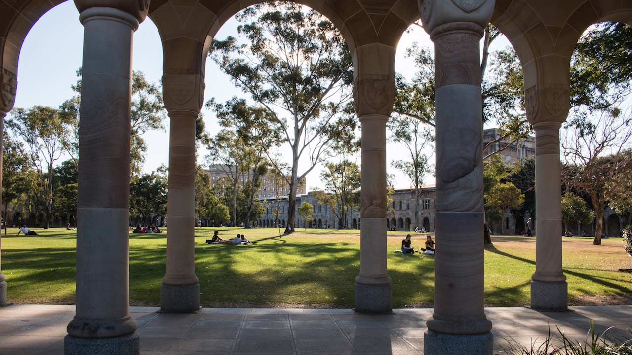 Shadows between the trees fall on UQ's lawn and colosseum walkway