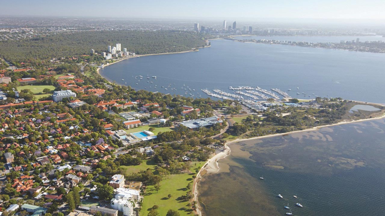 An aerial view of Perth, Australia, both sprawling city and waterfront
