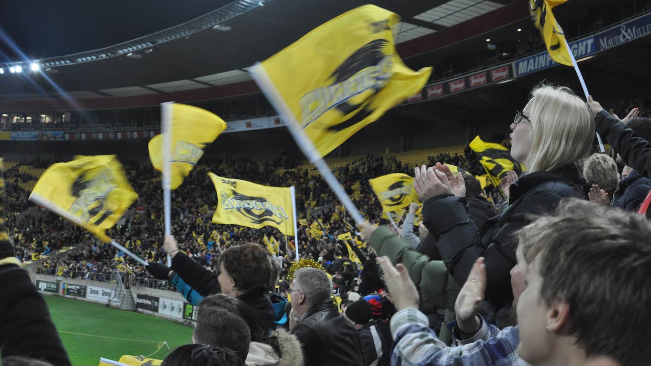 Fans wave yellow flags at a local rugby match