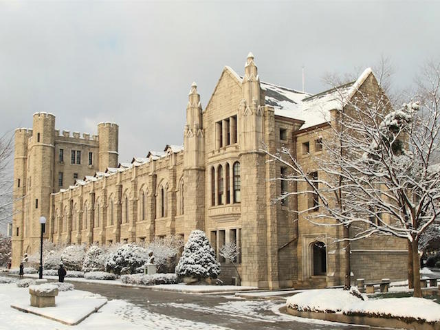 The main hall at Korea University dusted in snow