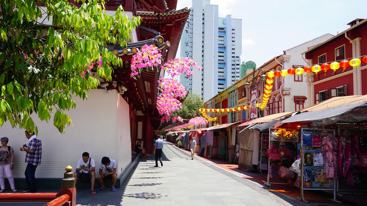 A colorful market street in Singapore
